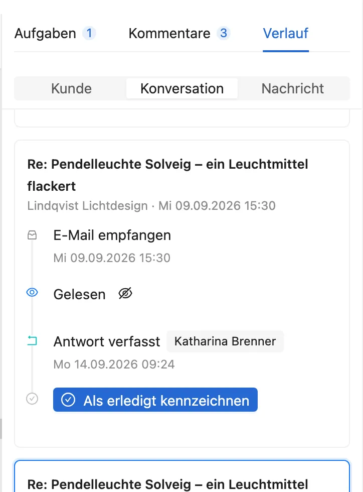 Verlauf-Reiter: E-Mail empfangen, gelesen, Antwort verfasst, Aufgabe hinzugefügt – jeweils mit Person und Zeitpunkt.